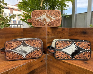 Sacs à cosmétiques en cuir usiné à la main portables de grande capacité sac de maquillage pour femmes organisateur de cheveux en peau de vache trousse de toilette de voyage et étuis - Product Image 4