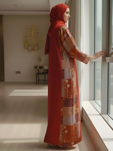 Abaya en coton ample à manches longues, col rond, coupe évasée, respirante, pour soirée décontractée, motif imprimé, vente en gros - Product Image 2