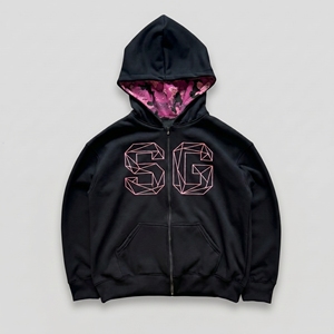 Sudadera con capucha y cremallera SG con estampado geométrico para hombre, corte holgado, color negro, tejido French Terry, informal, para invierno. - Product Image 1