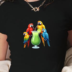 Parrots sipping tropical <b>cocktail</b> women's fashion short t-shirt - Product Image 1