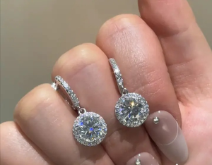 925 Moissanite Classic Halo Round Cut <b>Drop</b> <b>Earrings</b> In Sterling <b>Silver</b> White Gold Plated Moissanite Diamond <b>Earrings</b> for Women's - Product Image 2