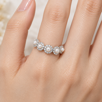 Five White Bead Halo 925 Sterling Silver Zircon Ring with Clear Round Borders and a Smooth Rear Band