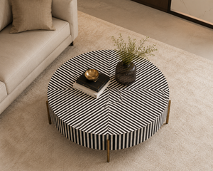 Table basse ronde moderne faite à la main, noire et blanche, en bois, meuble d'appoint pour salon - Product Image 4