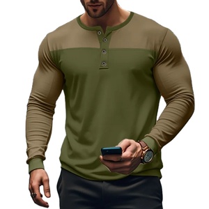 Automne nouveau T-Shirt homme rétro qualité supérieure à manches longues avec col Henry couleur assortie motif imprimé vêtements de fond - Product Image 3