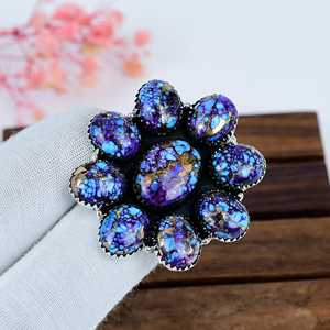 Anillo de Plata de Ley con Turquesa Azul Púrpura y Cobre, Joyería de Lujo Estilo Suroeste, Chapado en Rodio, Regalo para Ella - Product Image 2