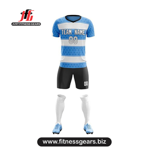 Ensemble de maillots de football personnalisés bleus à manches courtes unisexe adulte, anti-humidité, impression par sublimation, taille élastique - Product Image 1