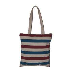 Bolsa de Compras de Lona de Algodón Reutilizable con Diseño Personalizado, Estampado de Rayas Multicolores y Cierre de Cremallera - Product Image 1