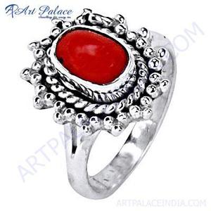 Anillo fino de Plata de Ley 925 con piedras preciosas de Coral de diseñador étnico indio, joyería de plata 925 de lujo - Product Image 1