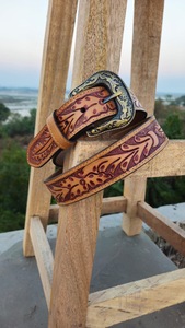 Premium Hand <b>Tooled</b> Cowboy Leather Belt with Vintage Floral Embroidery Alloy Western Rodeo Buckle Eco-Friendly & Waterproof - Product Image 2