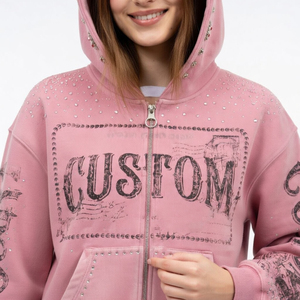 เสื้อฮู้ดดี้สตรีทแวร์ผ้าฝ้ายทรงโอเวอร์ไซส์พิมพ์ลายกราฟิกแบบ Dirty Wash ซิปหน้า ตกแต่งด้วยคริสตัลทรงกล่อง ยี่ห้อ SHY SPORTS แบบสั่งทำพิเศษ - Product Image 6