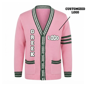 <b>Custom</b> Pink Green Sorority Cardigan Women V Neck Button Knitted Sweater Quick Dry Wool/Acrylic Embroidery Long Sleeve Greek - Product Image 1