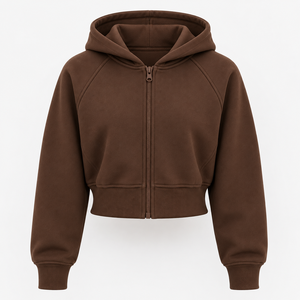Sweat-shirt à capuche court pour femme, marron, manches longues, fermeture éclair, couleur unie, tricoté, 100% coton, style automne - Product Image 1