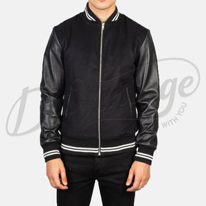 Veste varsity en laine noire pour homme avec manches en cuir véritable et poignets côtelés rayés, veste bomber premium de style Letterman - Product Image 4