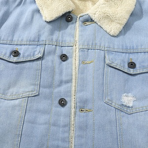 Trendy Light Wash Distressed Denim <b>Jacket</b> Cream <b>Shearling</b> Collar Ripped Casual Winter Coat Snap Button Custom Wholesale Supplier - Product Image 4