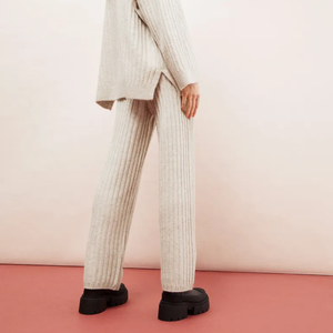 Pantalon droit en tricot côtelé pour femme, coupe ample, longueur intégrale, décontracté, uni, beige - Product Image 4