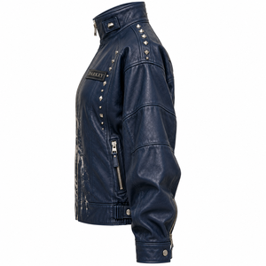 <b>Navy</b> Blue <b>Women</b> Genuine Leather Biker Jacket Custom Stand Collar Floral Portrait Artwork Studded OEM Factory Supplier - Product Image 4