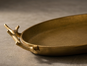 Modern Minimalist Oval <b>Gold</b> <b>Serving</b> <b>Tray</b> Textured Metal Food Platter With Antler Branch Handles Tabletop Organizer Gift Bulk - Product Image 2
