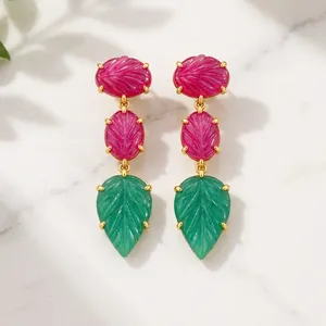 Ruby with Green Jade Leaf Carving Gemstone Brass <b>Earring</b> 18k <b>Gold</b> Plated Bohemia Style Women's Statement Jewelry Drop <b>Earrings</b> - Product Image 6