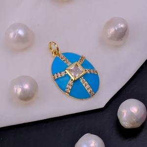 Elegante colgante ovalado de esmalte azul con piedra CZ central, abalorio geométrico chapado en oro para collar, joyería - Product Image 4