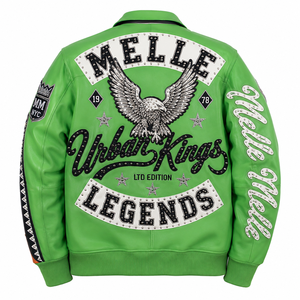 Men's OEM Melle melle <b>Leather</b> Varsity <b>Jacket</b> Custom Logo Heavyweight Letterman <b>Jacket</b> Rhinestone Embroidery Streetwear Outerwear - Product Image 2