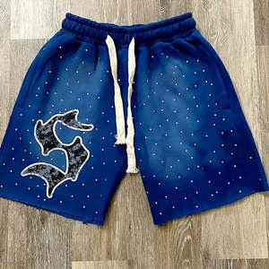Shorts en gros pour hommes, en coton molletonné, style jogging français, avec strass, logo sérigraphié, poche, délavé à l'acide, vintage - Product Image 3