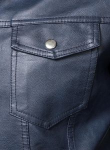 <b>Men's</b> Navy Blue PU Faux <b>Leather</b> Trucker <b>Jacket</b> Pointed Lapel Collar Dual Chest Flap Snap Pocket Center Front Zipper Casual Style - Product Image 6
