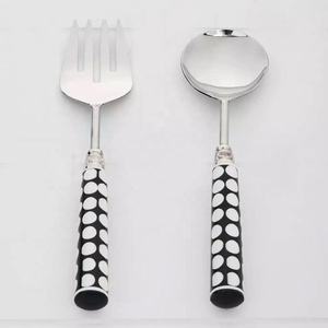 Juego de servicio de ensalada de plata pulida con espejo de acero inoxidable con mango sólido redondo de mármol blanco - Product Image 6