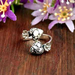 Anillo Boho de Plata de Ley 925 con Dos Piedras Naturales en Forma de Corazón y Bisel de Cuentas, Anillo de Declaración Boho al por Mayor - Product Image 6