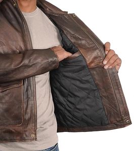Made to Measure Genuine Leather Men's Winter Vintage Brown Bomber Jacket <b>Stand</b> Collar Eco-Friendly Waterproof Reversible - Product Image 3