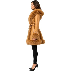Women’s Stylish Leather Long Winter Coat Premium <b>Fur</b> <b>Trimmed</b> Belted Overcoat Custom Wholesale Apparel Manufacturer - Product Image 5