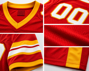 เสื้อฟุตบอลอเมริกันคุณภาพสูง ผ้าฝ้าย 100% สีแดงเหลือง ตาข่าย คอวี แขนสั้น ระบายอากาศได้ดี ปักชื่อและหมายเลขได้ - Product Image 3
