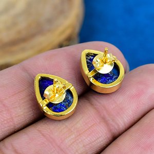 Handmade Lapis Lazuli Pear Shape Gemstone <b>Stud</b> Earrings 18k Gold Micron Over 925 <b>Sterling</b> <b>Silver</b> - Product Image 4