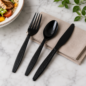 Ensemble de couverts en plastique noir, fourchette, cuillère, couteau, ustensiles jetables, écologiques, sans danger pour les aliments, style moderne, matériau PP, utilisation en voyage - Product Image 1