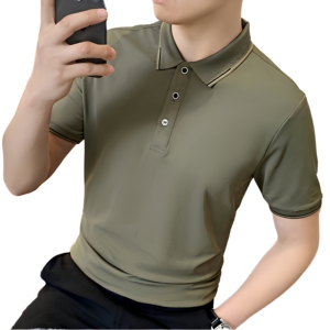 Polo à manches courtes pour homme en coton tricoté vert olive, couleur unie, design respirant, coupe classique - Product Image 1