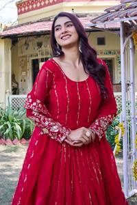 <b>Red</b> Faux Georgette Embroidered Anarkali Gown with Dupatta <b>Sequin</b> Floral Ethnic Wear for Wedding Party Diwali - Product Image 1