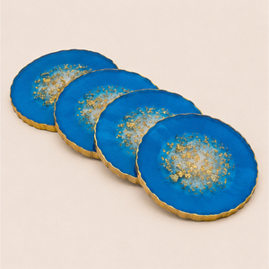 Ensemble de sous-verres de luxe personnalisés en résine époxy agate géode, avec paillettes dorées, bleus, résistants à la chaleur, pour table et tasses, vente en gros - Product Image 1