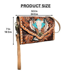 Sac bandoulière mini en cuir de vachette, style western, fait main, avec motifs crâne et fleurs, nouveau design, pour femme - Product Image 2