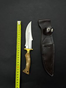 Couteau de camping 4116 en acier inoxydable, lame pleine longueur, partiellement dentelée, couteau de chasse/découpe avec manche en laiton et bois, étui en cuir - Product Image 5