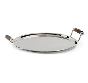 Plateau en métal rustique fait à la main, plateau de service pour la cuisine et le restaurant, plateau rond en nickel poli avec bambou - Product Image 2