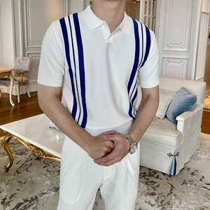 Polo en tricot rayé noir pour homme, manches courtes, style décontracté chic, en coton - Product Image 2