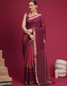 Sari Tradicional de Seda Mysore para Mujer, Tejido a Mano con Diseño Pintado y Blusa sin Coser - Product Image 1