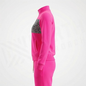 Ensemble de survêtement sportif rose pour femmes, 2 pièces, tricoté, avec imprimé géométrique, fermeture éclair intégrale, col montant, manches longues, coupe régulière, toutes saisons - Product Image 3