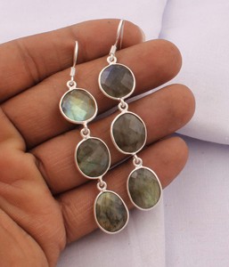 Boucles d'oreilles pendantes vintage en argent sterling 925 avec labradorite naturelle, sertissage clos, pour fiançailles, mariage, multi-pierres, cadeau unisexe pour femme - Product Image 4