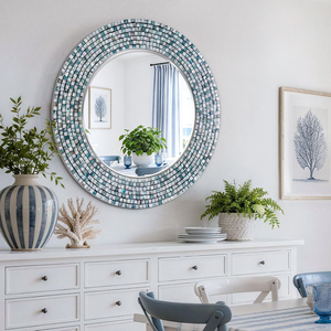Espejo de Pared Redondo de Lujo con Mosaico de Vidrio Azul, Plateado y Turquesa, Marco Decorativo Moderno, Espejo de Baño Elegante y Contemporáneo - Product Image 5