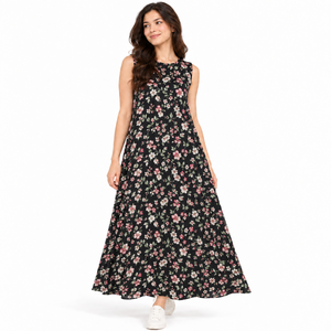 Women's <b>Black</b> Floral <b>Maxi</b> <b>Dress</b> Sleeveless Round Neck A-Line Casual Summer <b>Long</b> <b>Dress</b> Wholesale OEM ODM Fashion Apparel Supplier - Product Image 1