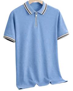 Polo pour homme bleu clair à col zippé, manches courtes, col côtelé, décontracté, pour le golf, en mélange de coton, fabrication sur mesure - Product Image 1