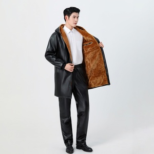<b>Men's</b> <b>Black</b> <b>Long</b> Hooded <b>Jacket</b> Waterproof Zipper Closure Workwear Style Winter Wear Thick Polyester Lining Solid Color - Product Image 2