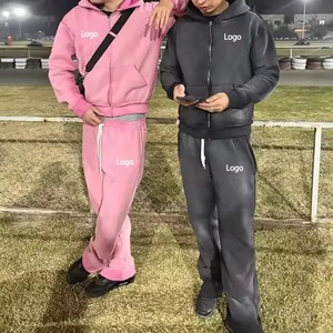 Custom Vintage Winter Acid Wash Fleece Tracksuit Set Mens Stacked Flared Sweatpants and Hoodie Premium Streetwear Outfit - Product Image 5