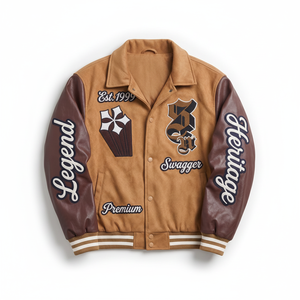 Veste varsity marron pour homme, manches en cuir, patch brodé, veste bomber de baseball, col rabattu, décontractée, automne - Product Image 1