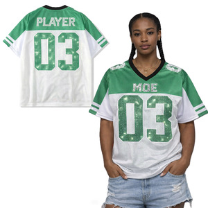 Camiseta de fútbol americano verde brillante personalizada para mujer, estilo diamantes de imitación, de malla, holgada, transpirable, estilo boxy, corta, para equipo - Product Image 1